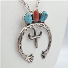 Vintage Old Pawn 925 Sterling Silver Turquoise & Coral Squash Blossom Pendant